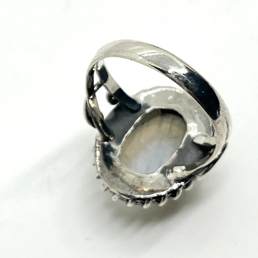 STERLING SILVER MOONSTONE Ring Oval Cabochon India  Signed Vintage Size 7.5